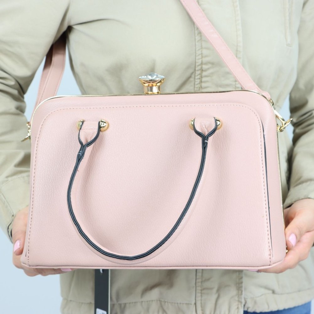 Pink Faux Leather Purse Diamond Snap Closure Doctor Satchel Tote Hand Bag - Picture 9 of 13